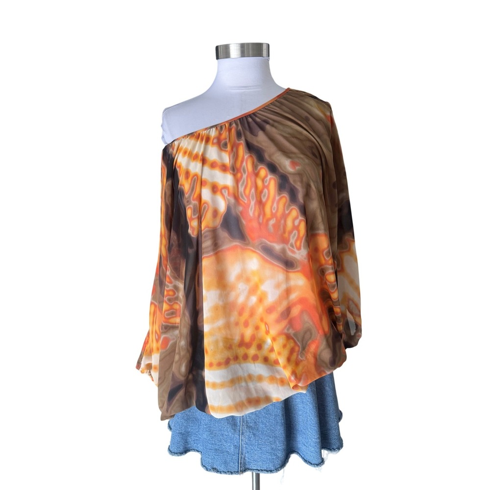 She Said One Shoulder Butterfly Flame Print Blouse Large Orange Brown Sheer Top